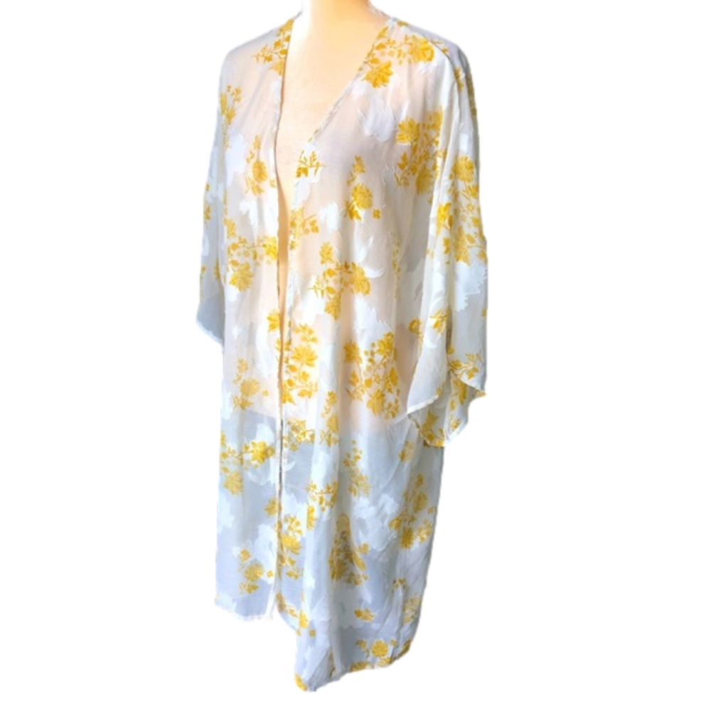 Blue Rain Kimono Gold Ivory Sheer Floral Size Large Goldenrod